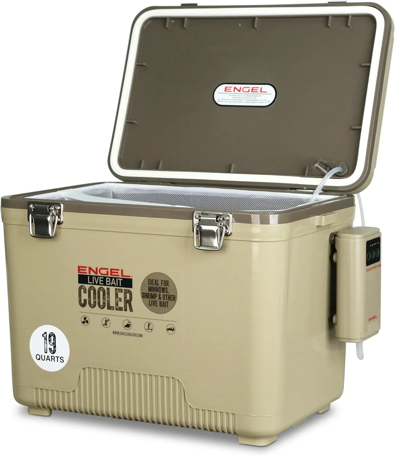 ENGEL 19 Quart Live Bait Cooler PRO for Fishing - Portable Minnow and Bait Bucket with Lithium-Ion Rechargeable Aerator - Tan (19Qt)