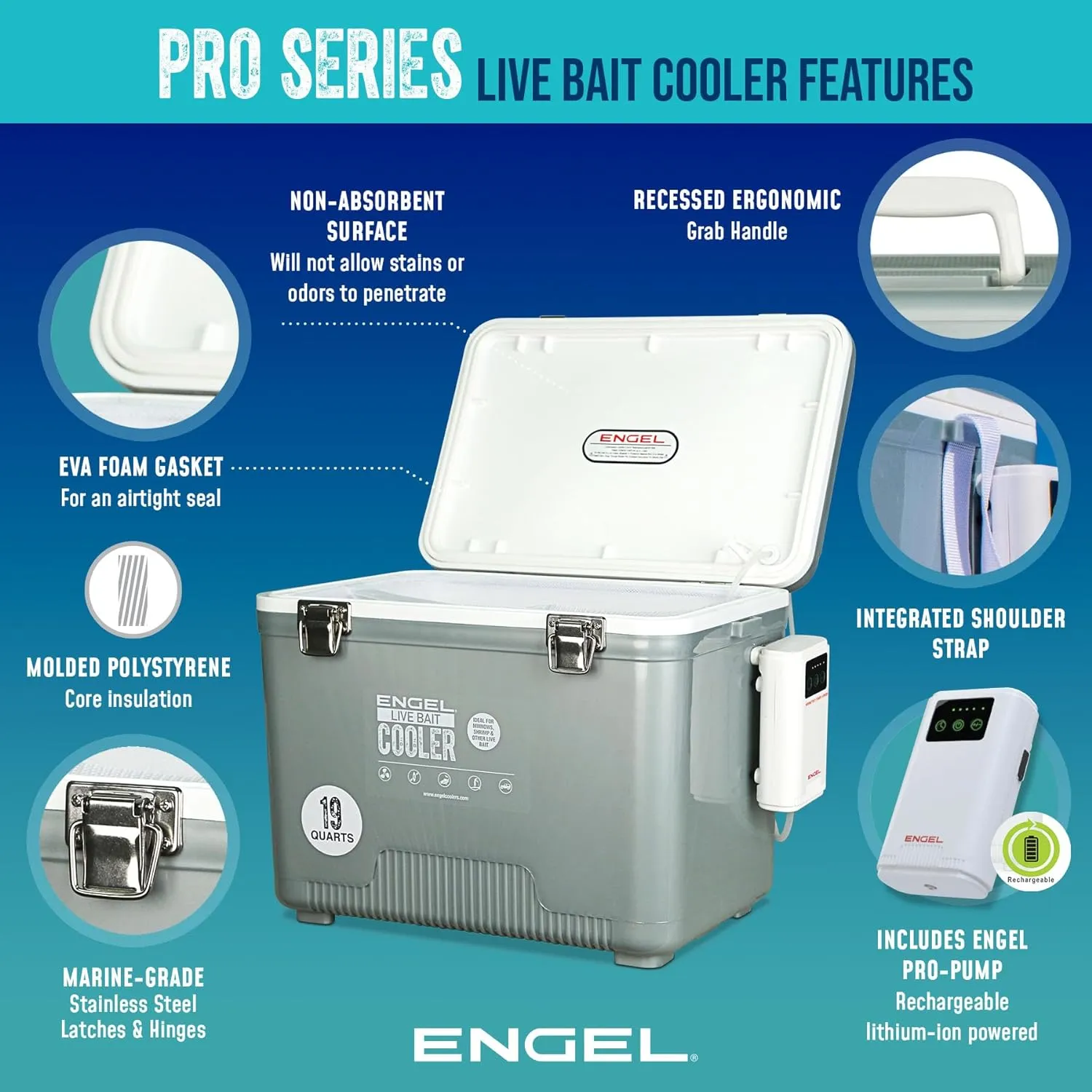 ENGEL Live Bait Cooler PRO for Fishing - Portable Minnow and Bait Bucket with Lithium-Ion Rechargeable Aerator