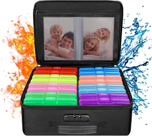 ENGPOW Fireproof Photo Storage Box with 16 Inner 4" x 6" Photo Cases(Multi-Colored), Photo Organizer with Lock, Collapsible Portable Photo Safe Containers with Handle for Photos, Picture, Craft