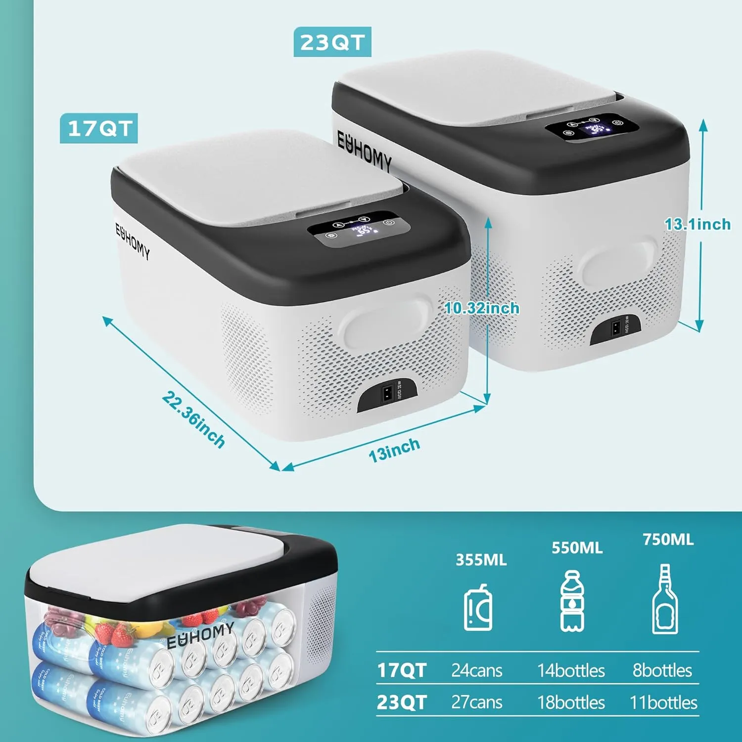 EUHOMY 12 Volt Refrigerator, 17QT(16L) Car Refrigerator APP Control, Car Fridge 110-240V AC 12/24V DC, Portable Freezer -4℉~68℉, 12V Cooler For Van, Fishing, Camping, Travel, Home