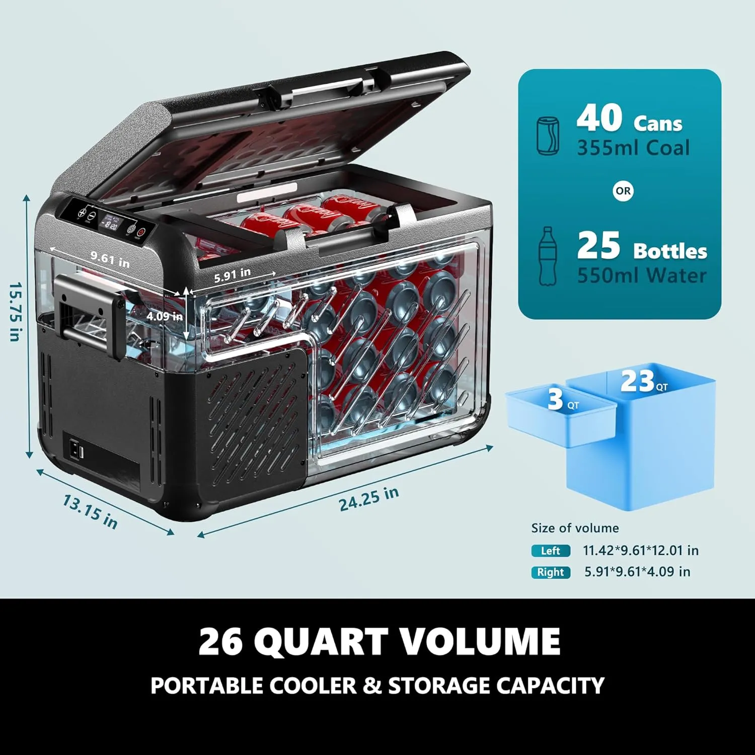 EUHOMY 12 Volt Refrigerator, 26 QT(25 L) Portable Freezer, Electric Cooler -4℉~68℉, 12V Car Fridge Reversible Door, Portable Freezer 12/24V DC & 120-240V AC for Camping, Truck, Travel