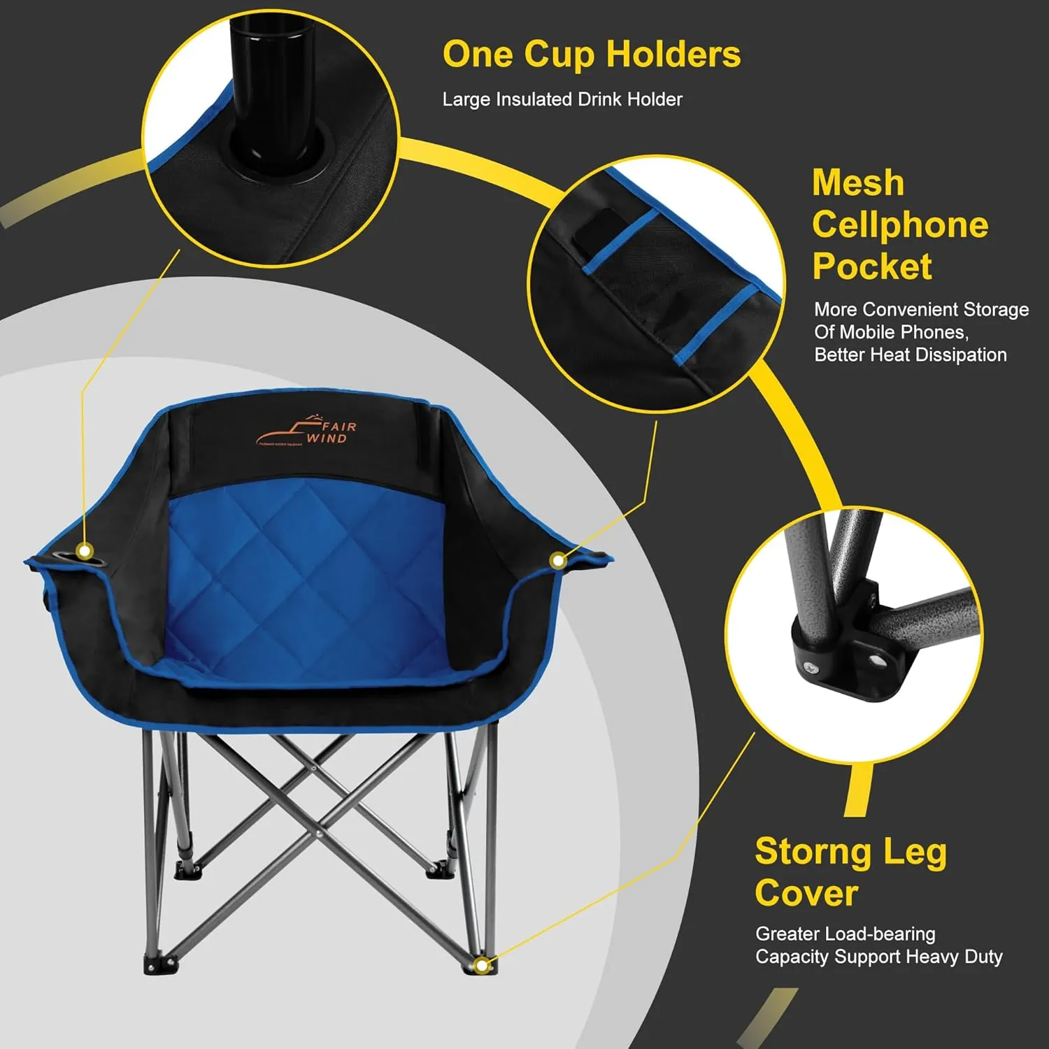 FAIR WIND Oversized Padded Camping Chair Heavy Duty Quad Fold Arm Chair Portable for Outdoor - Support 450LBS, Blue