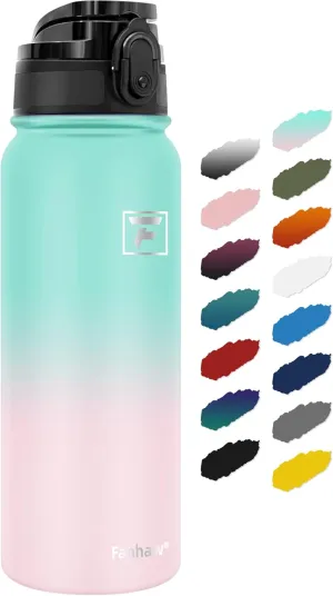 Fanhaw 20 Oz Insulated Stainless Steel Water Bottle with Chug Lid - Leak & Sweat Proof, Anti-Dust | For Kids, Women, Men (Green Pink)