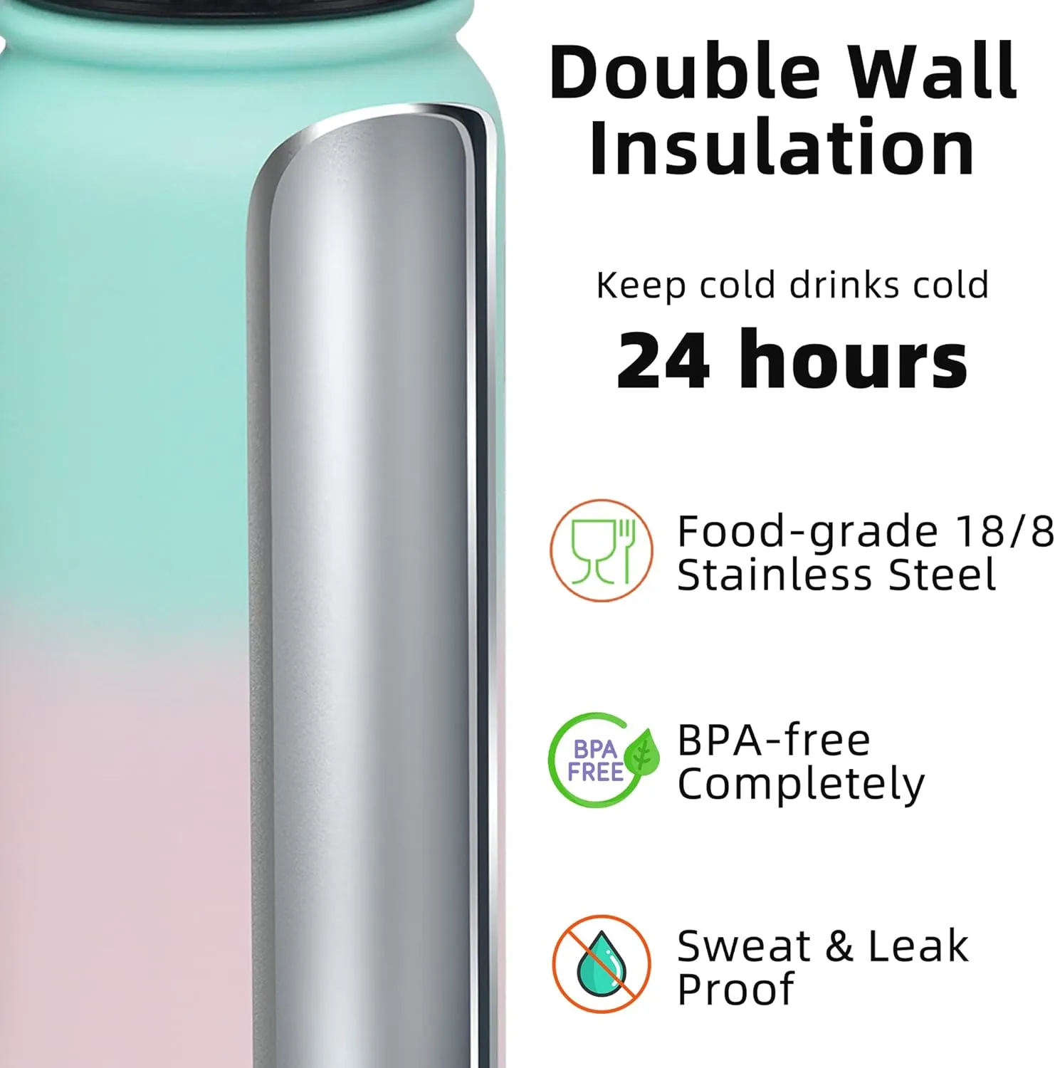 Fanhaw 20 Oz Insulated Stainless Steel Water Bottle with Chug Lid - Leak & Sweat Proof, Anti-Dust | For Kids, Women, Men (Green Pink)