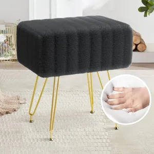 Faux Fur Square Vanity Stool : Soft Footrest 4 Metal Legs with Anti-Slip Feet，Super Soft Padded Seat，Removable and Washable,lint-Free,Makeup Stool for Living Room, Bedroom,Bathroom (Black)