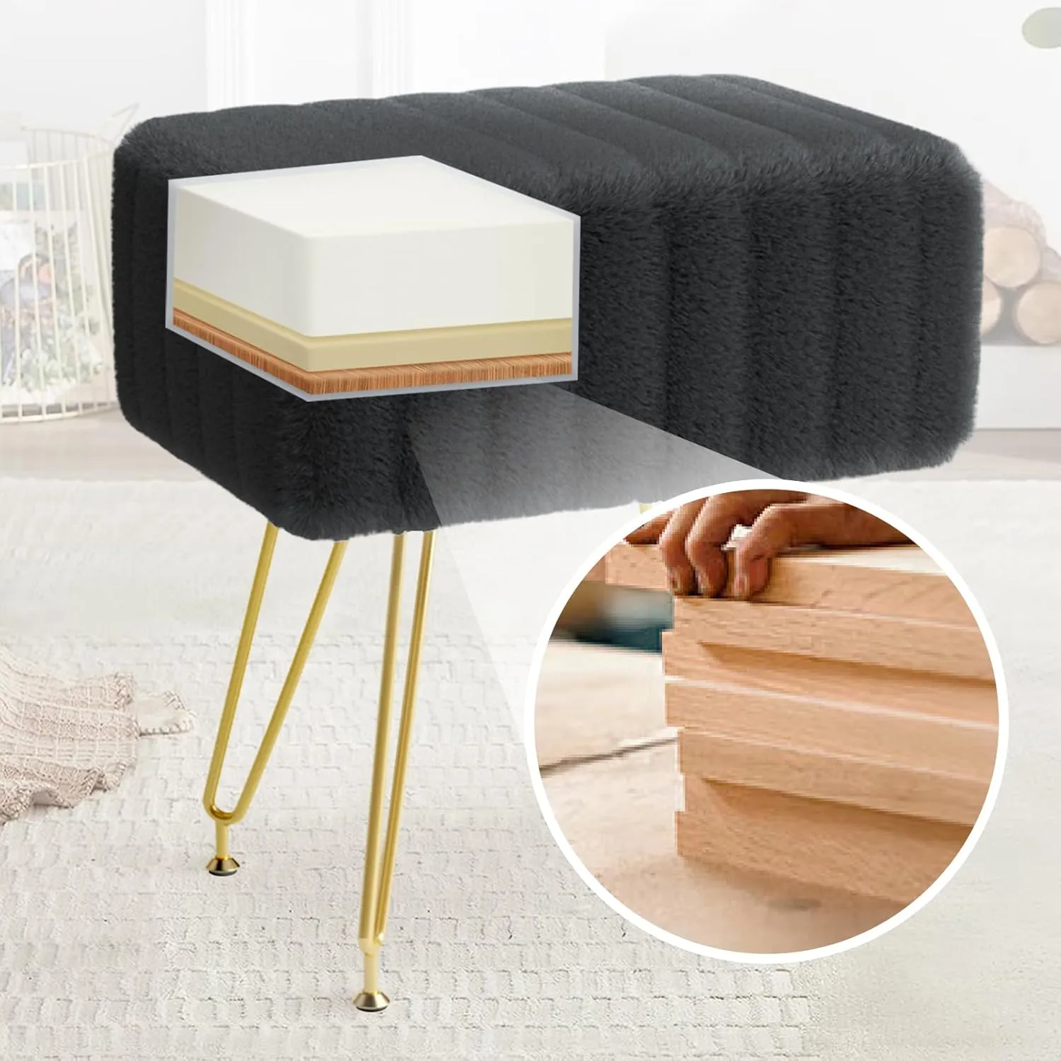 Faux Fur Square Vanity Stool : Soft Footrest 4 Metal Legs with Anti-Slip Feet，Super Soft Padded Seat，Removable and Washable,lint-Free,Makeup Stool for Living Room, Bedroom,Bathroom (Black)
