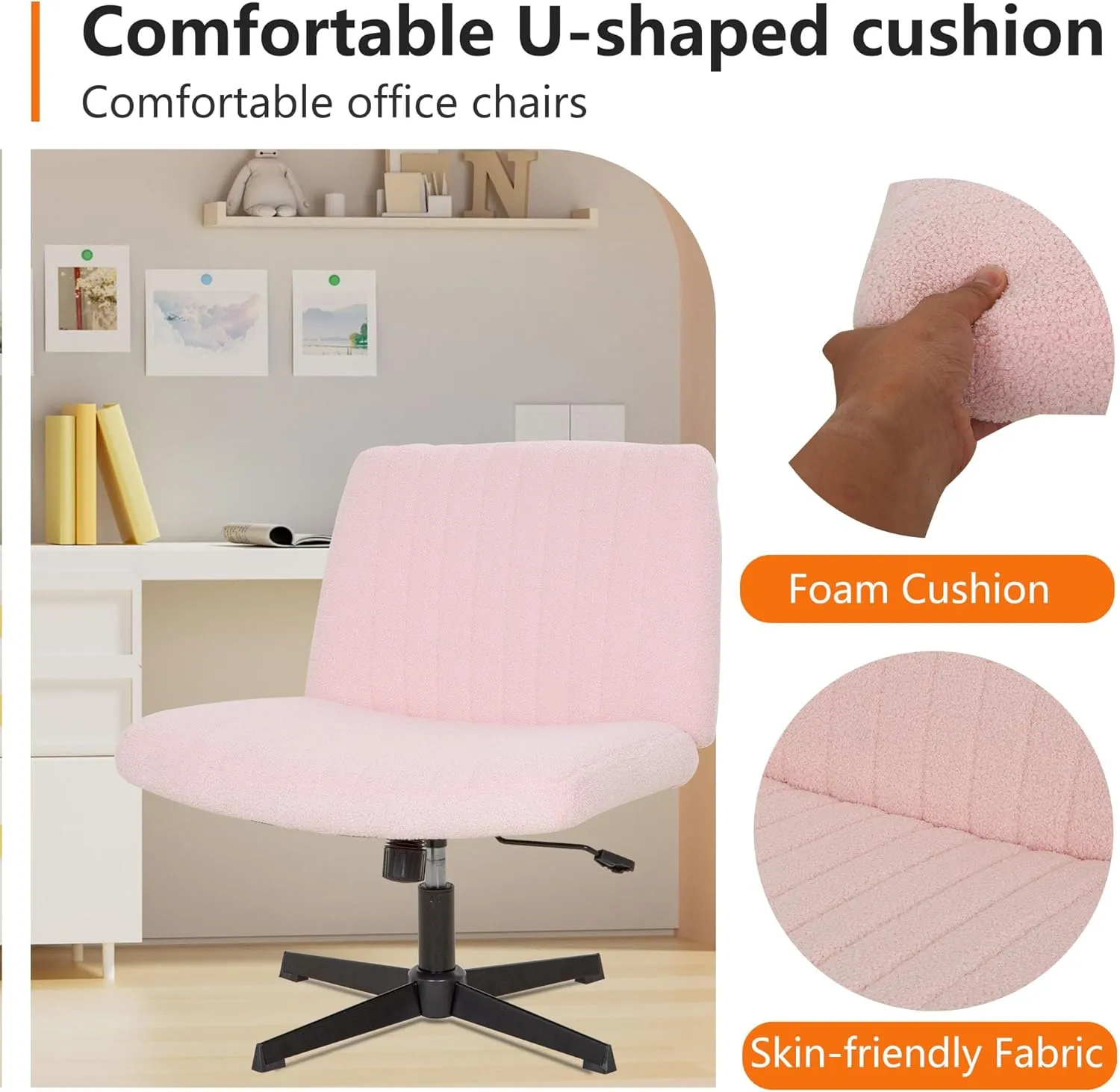 FDW Criss Cross Chair Armless Cross Legged Office Desk Chair Adjustable Swivel Ergonomic Gaming Chair No Wheels Backrest with Wide Seat Native Sponge Computer Task Vanity Chair for Home Office,Pink