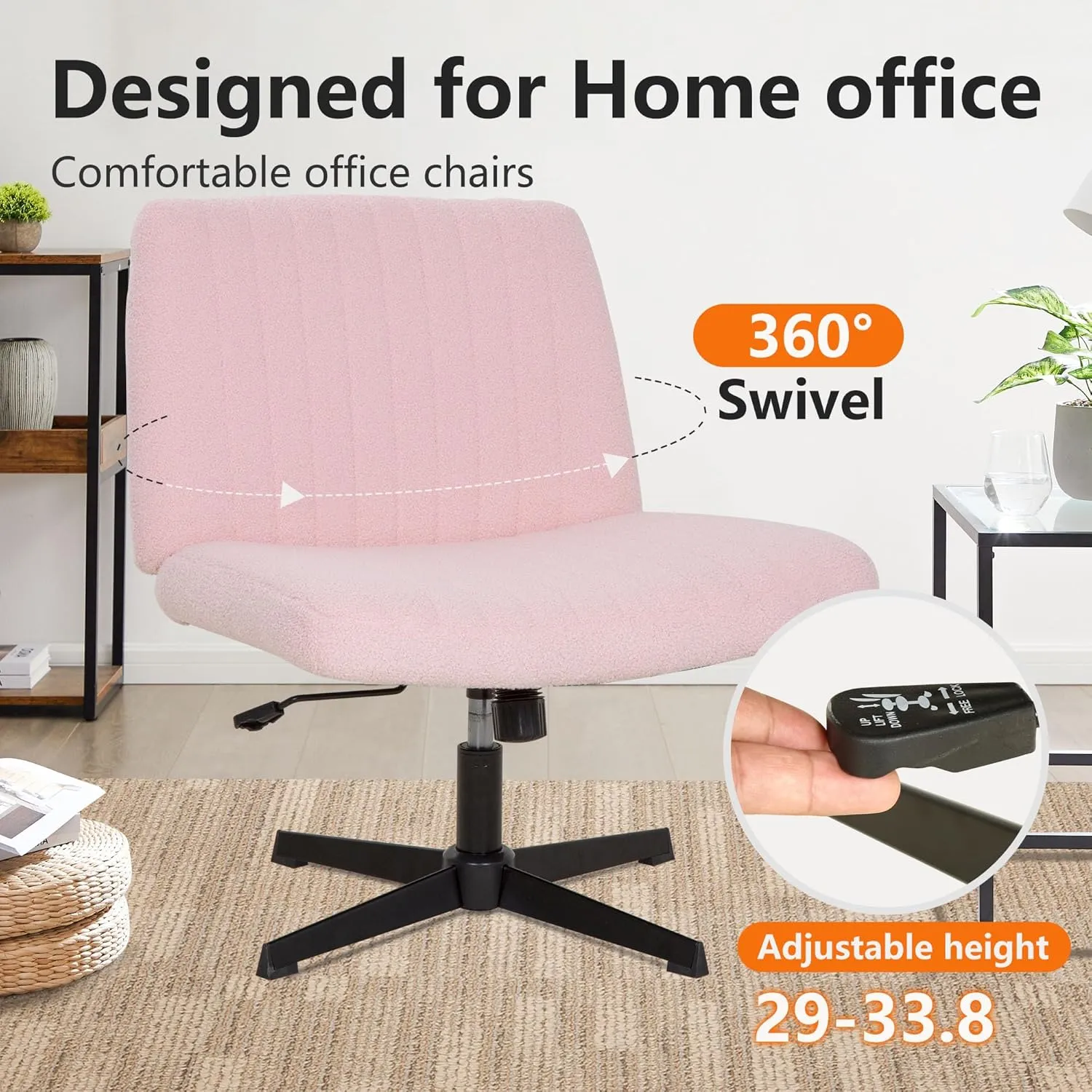 FDW Criss Cross Chair Armless Cross Legged Office Desk Chair Adjustable Swivel Ergonomic Gaming Chair No Wheels Backrest with Wide Seat Native Sponge Computer Task Vanity Chair for Home Office,Pink