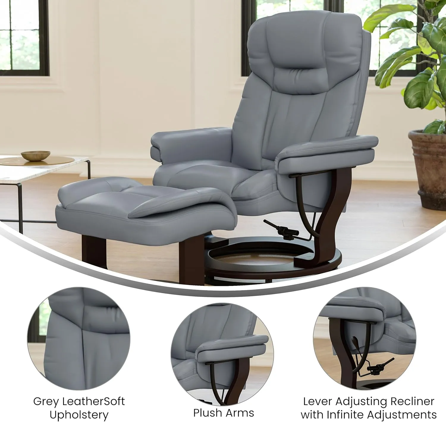 Flash Furniture Allie Contemporary Multi-Position Recliner and Curved Ottoman with Swivel Mahogany Wood Base in Gray LeatherSoft