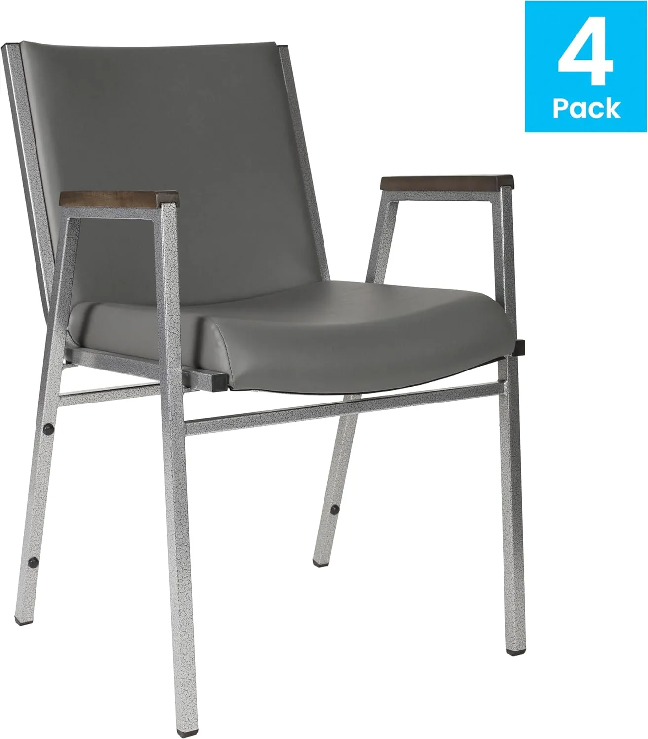 Flash Furniture Hercules Series Heavy Duty Gray Vinyl Stack Chair with Arms and Ganging Bracket, Set of 4