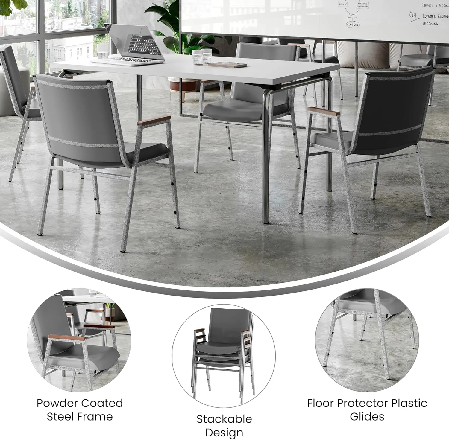 Flash Furniture Hercules Series Heavy Duty Gray Vinyl Stack Chair with Arms and Ganging Bracket, Set of 4