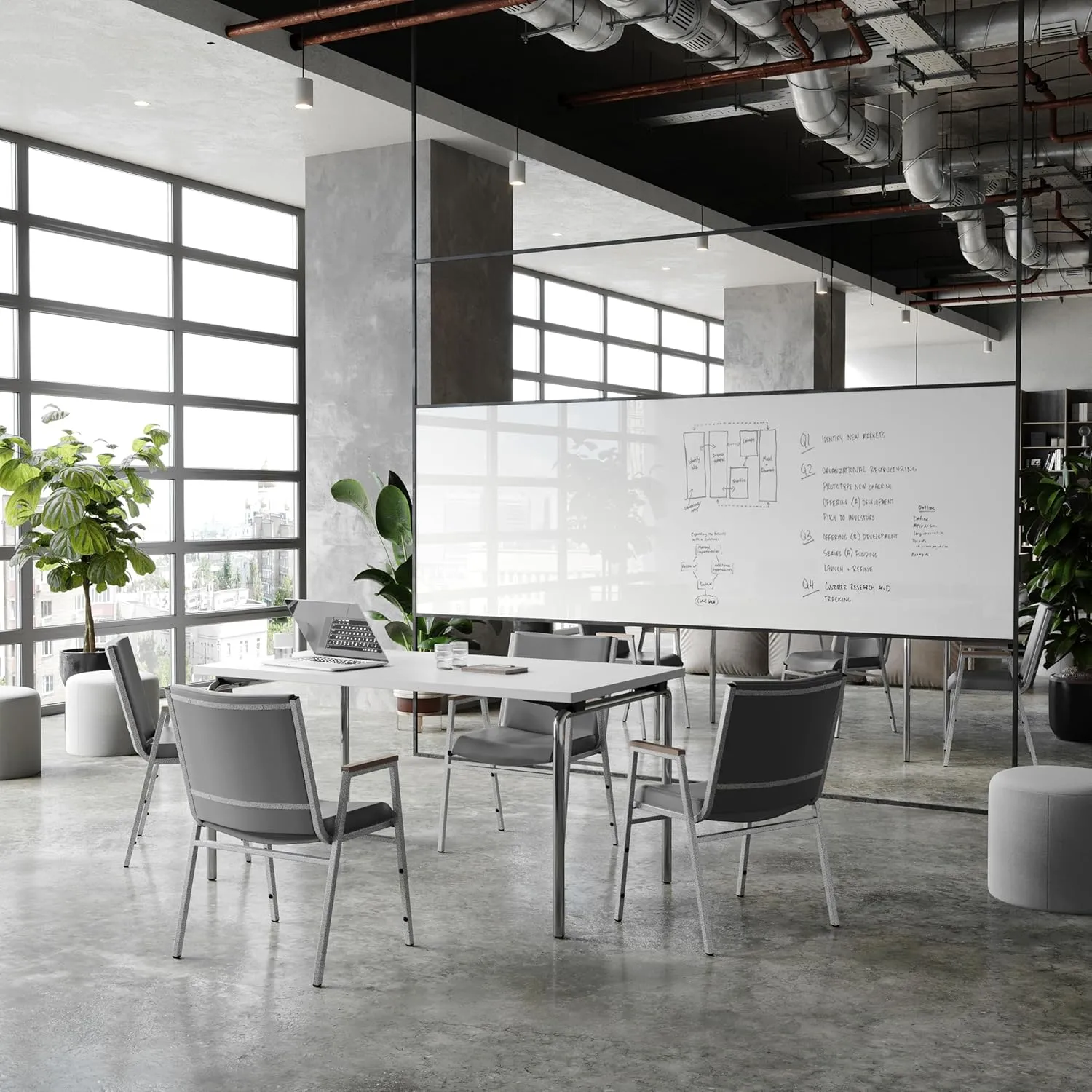 Flash Furniture Hercules Series Heavy Duty Gray Vinyl Stack Chair with Arms and Ganging Bracket, Set of 4