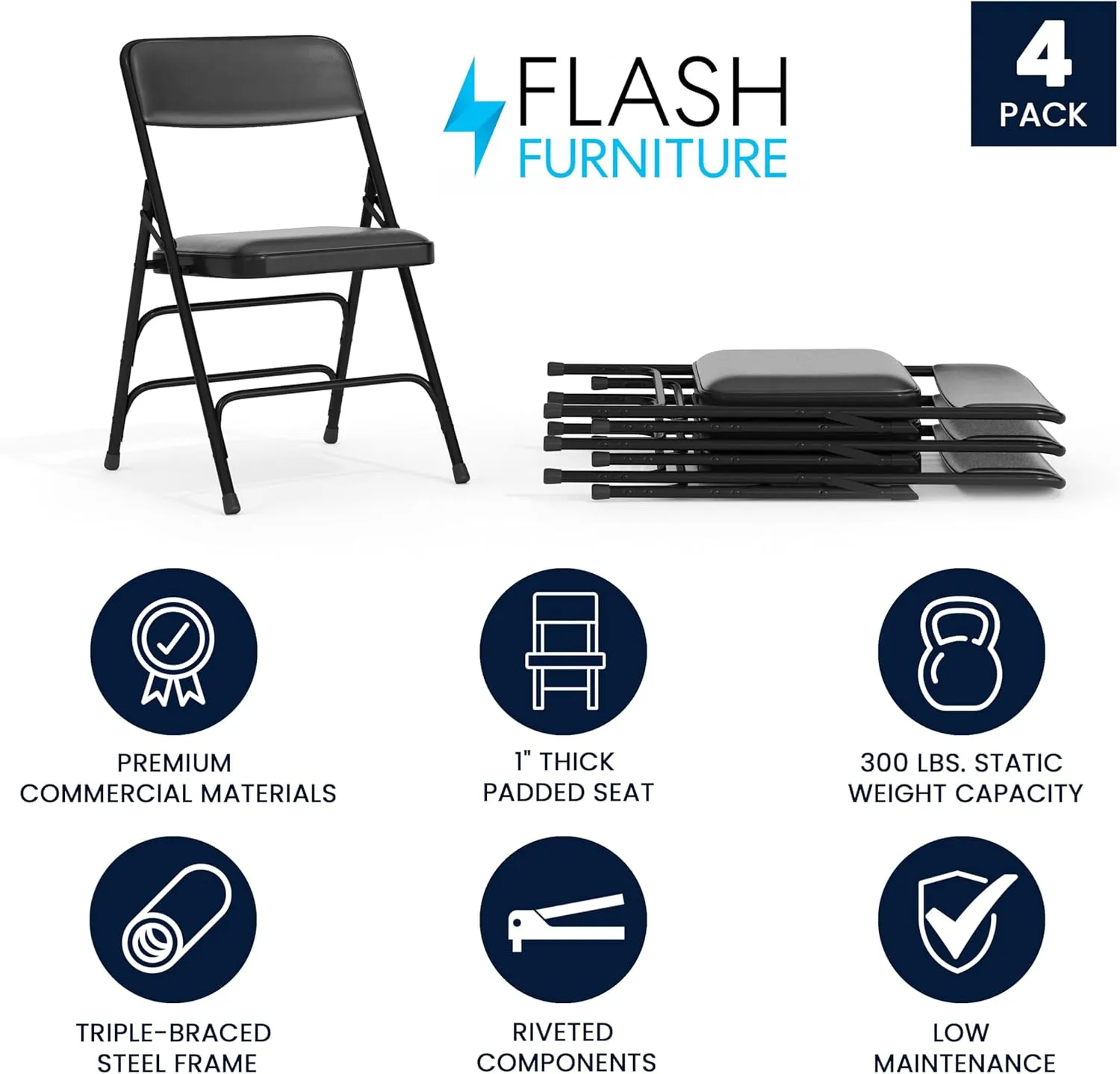 Flash Furniture Hercules Series Metal Folding Chairs for Parties and Weddings, Commercial Event Chairs with Padded Seats, 300-lb. Static Weight Capacity, Set of 4, Black