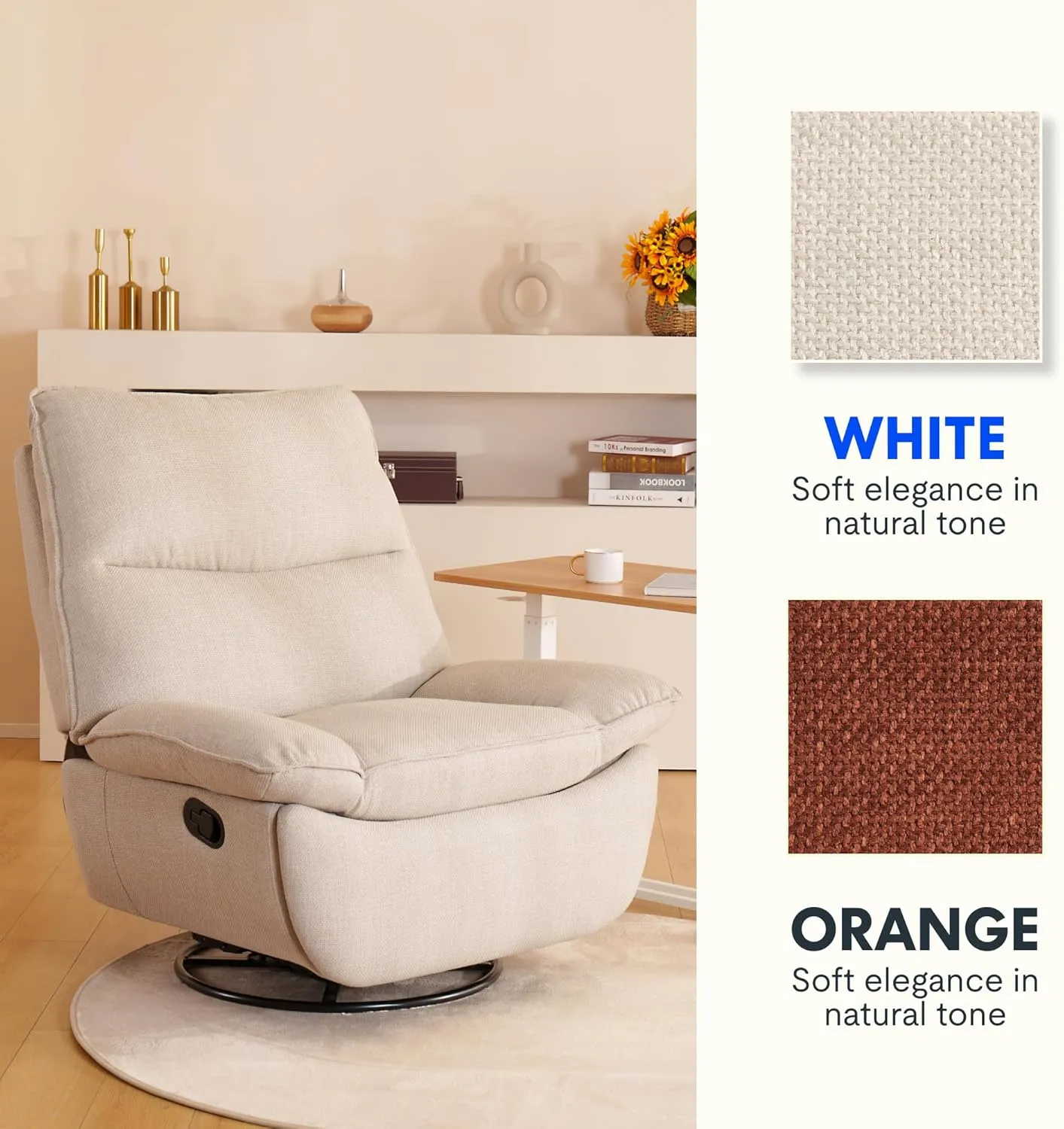 FLEXISPOT Lotus Swivel Recliner Chair for Adults, Oversized 360° Swivel Rocker Recliner, Fabric Glider Rocking Nursery Chair, Side Pocket, 350 Lbs Capacity, Living Room, Bedroom, Nursery, XRC7 White
