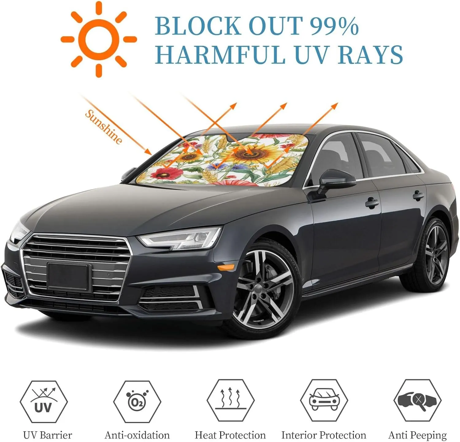 Flower Sunflower Popies Universal Car Windshield Sun Shade Single-Layer Bubble Aluminum Foil Heat Reflective Sunshade with 4 Suction Cups (27.5 * 51 in)