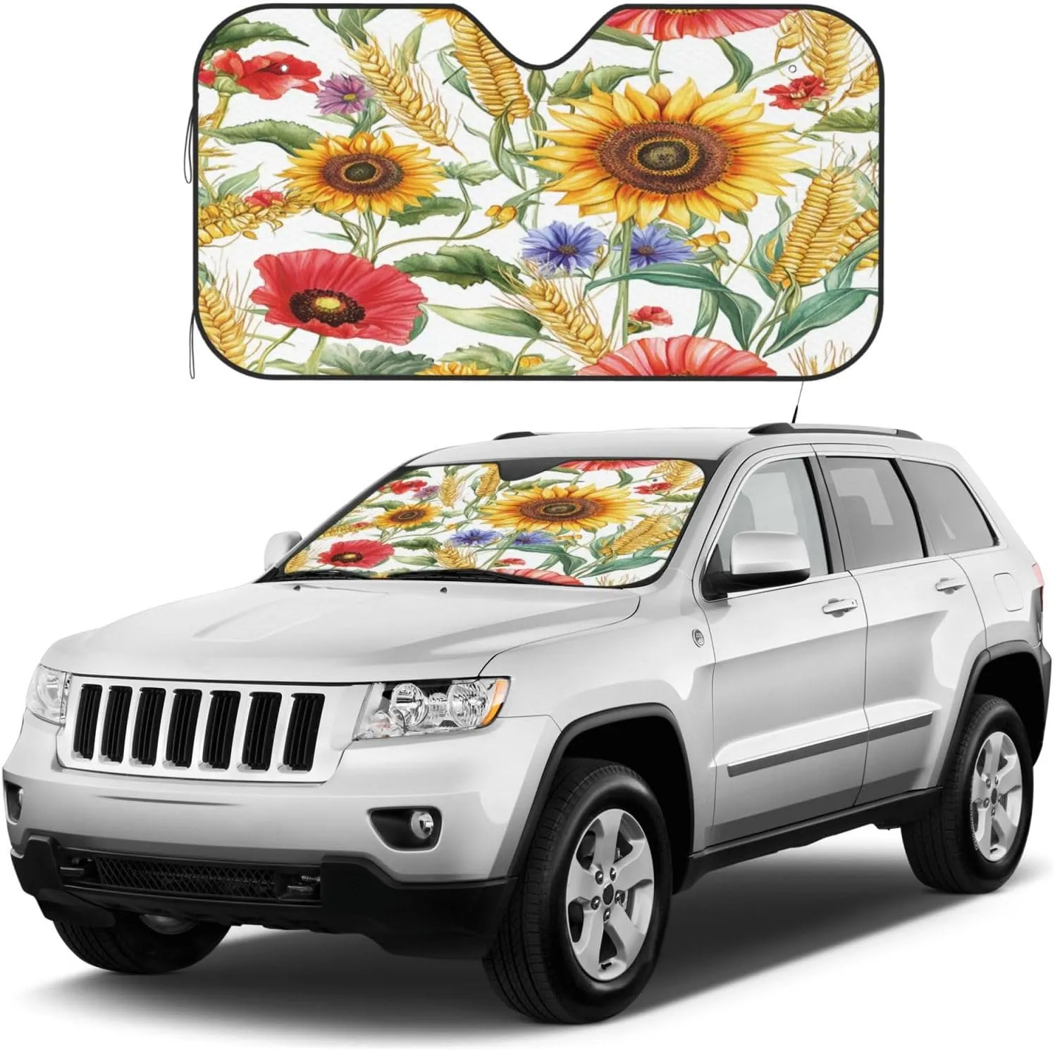 Flower Sunflower Popies Universal Car Windshield Sun Shade Single-Layer Bubble Aluminum Foil Heat Reflective Sunshade with 4 Suction Cups (27.5 * 51 in)