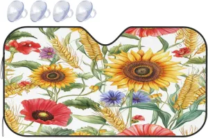 Flower Sunflower Popies Universal Car Windshield Sun Shade Single-Layer Bubble Aluminum Foil Heat Reflective Sunshade with 4 Suction Cups (27.5 * 51 in)