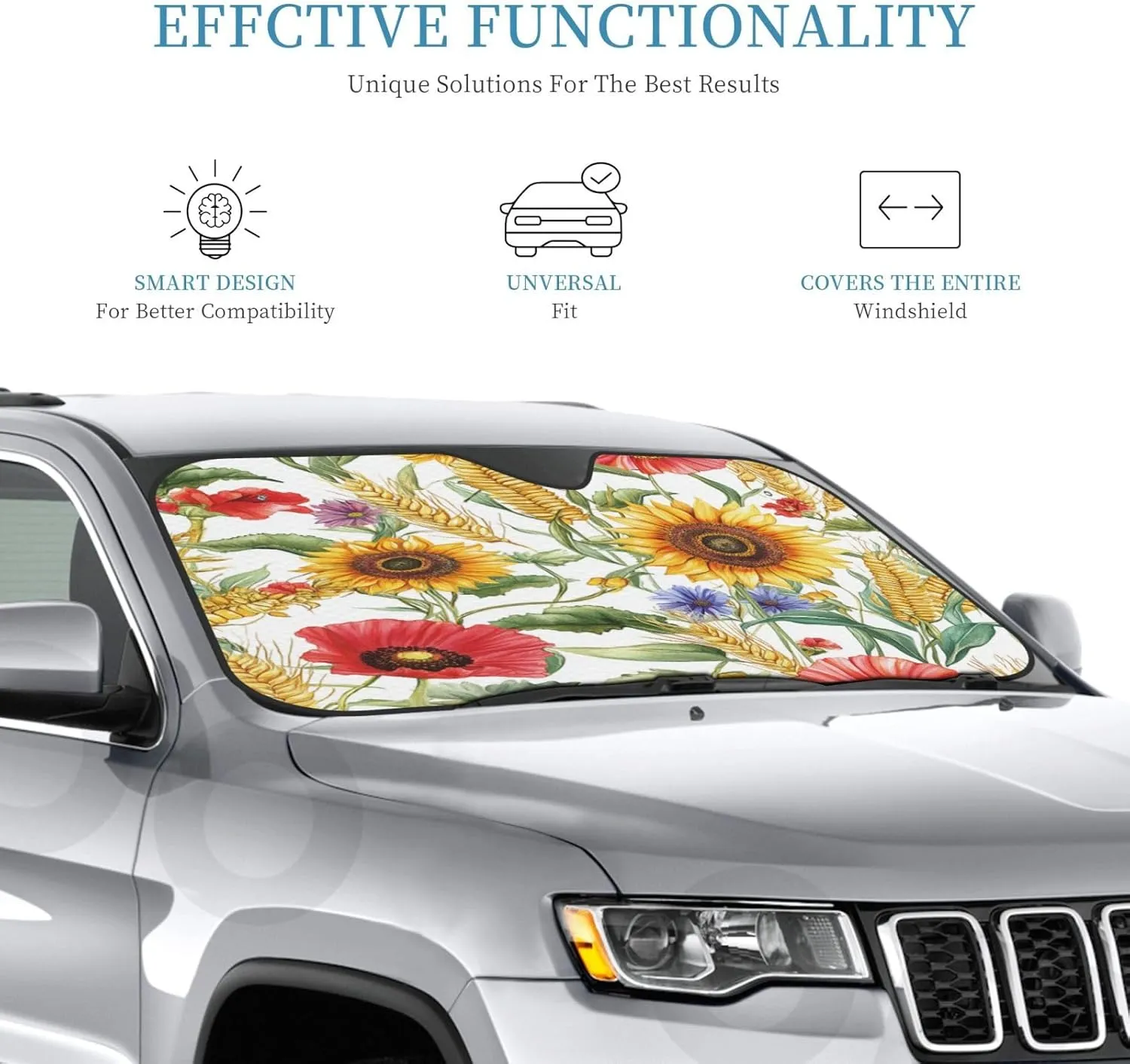 Flower Sunflower Popies Universal Car Windshield Sun Shade Single-Layer Bubble Aluminum Foil Heat Reflective Sunshade with 4 Suction Cups (27.5 * 51 in)