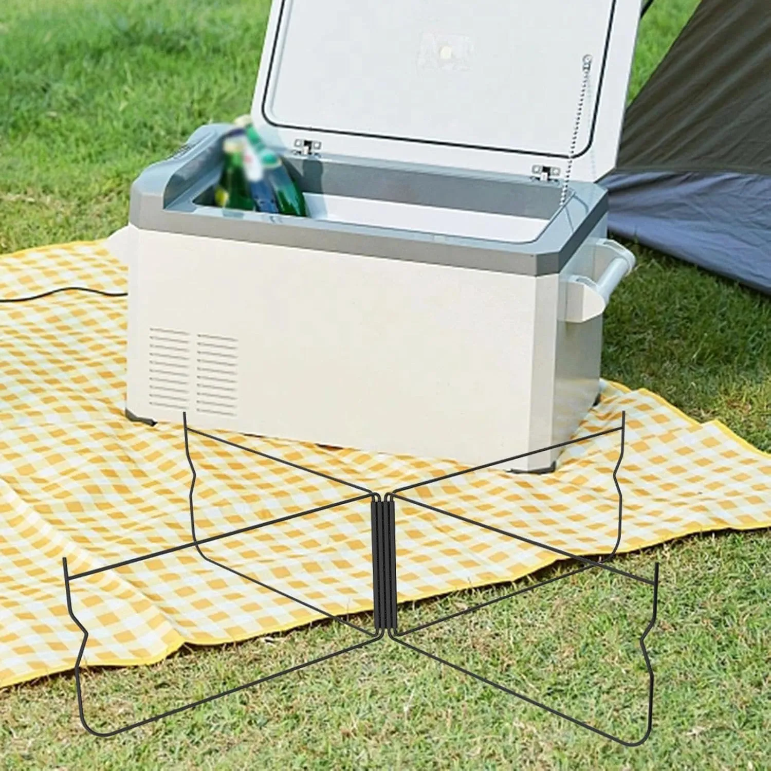 Foldable Cooler Stand, Ice Box Holder, Compact Foldable Stand Rack, Stainless Steel Suitcase Rack for Travel Barbecue Cooking, Black Curved