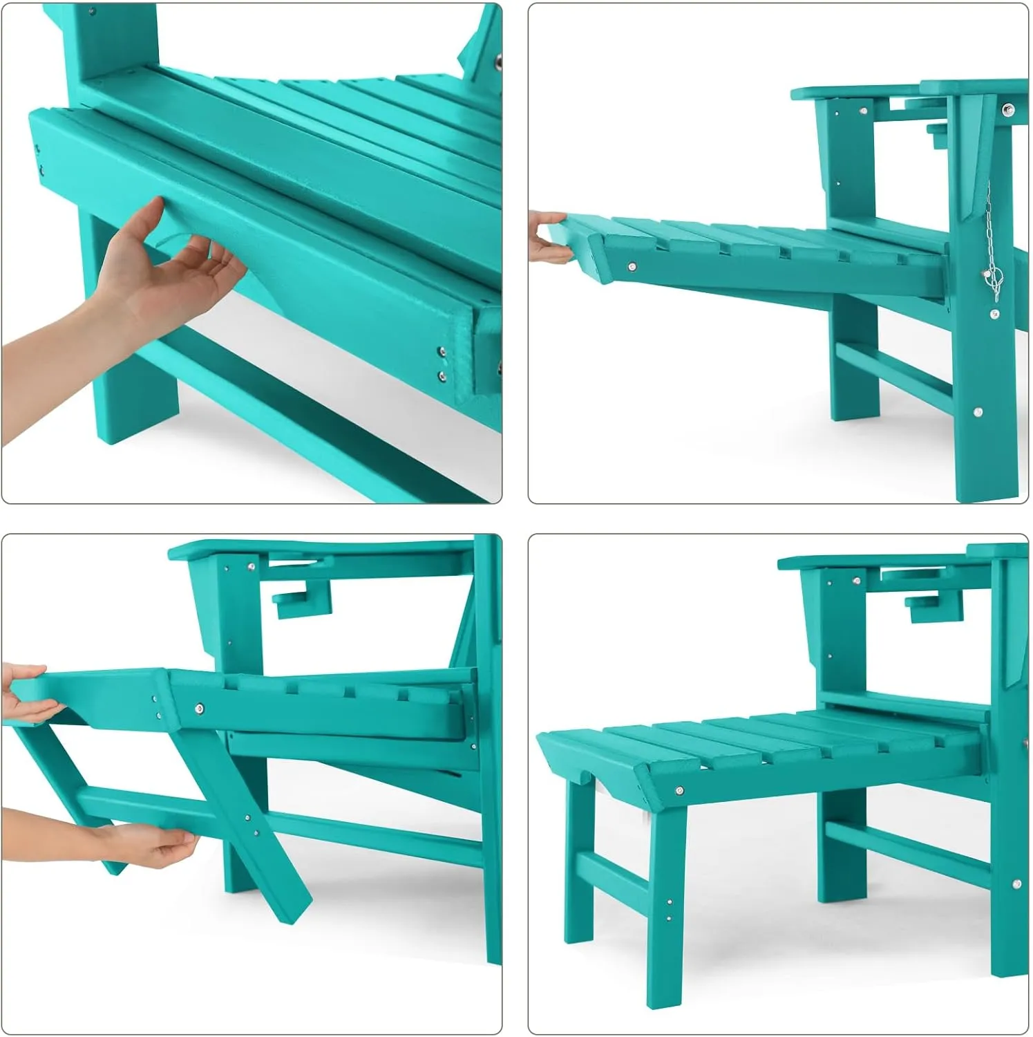 Folding Adirondack Chair with Scalable Footrest – Outdoor Weather Resistant Plastic Chairs with Detachable Ottoman, Stackable Seating with Cupholder for Patio (Seat Width 21.6", Turquoise)