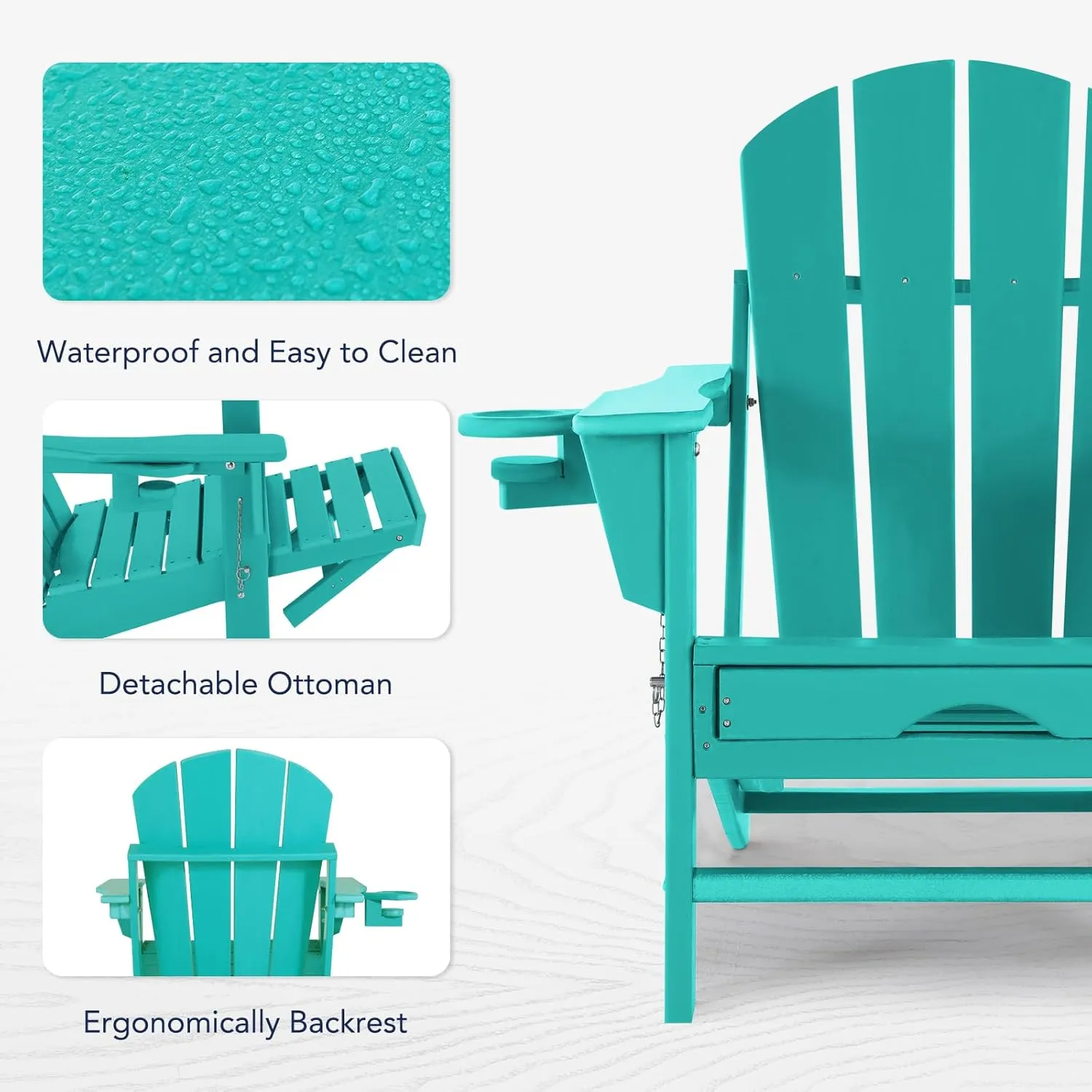 Folding Adirondack Chair with Scalable Footrest – Outdoor Weather Resistant Plastic Chairs with Detachable Ottoman, Stackable Seating with Cupholder for Patio (Seat Width 21.6", Turquoise)
