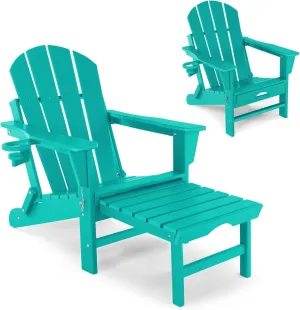 Folding Adirondack Chair with Scalable Footrest – Outdoor Weather Resistant Plastic Chairs with Detachable Ottoman, Stackable Seating with Cupholder for Patio (Seat Width 21.6", Turquoise)