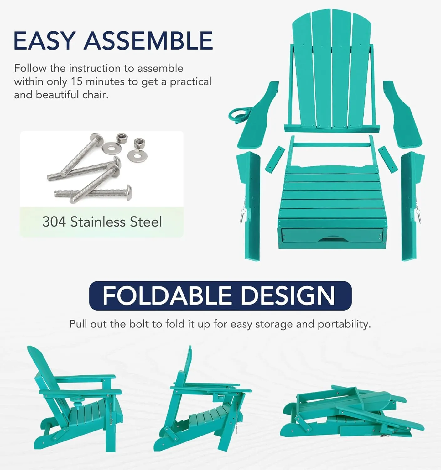 Folding Adirondack Chair with Scalable Footrest – Outdoor Weather Resistant Plastic Chairs with Detachable Ottoman, Stackable Seating with Cupholder for Patio (Seat Width 21.6", Turquoise)