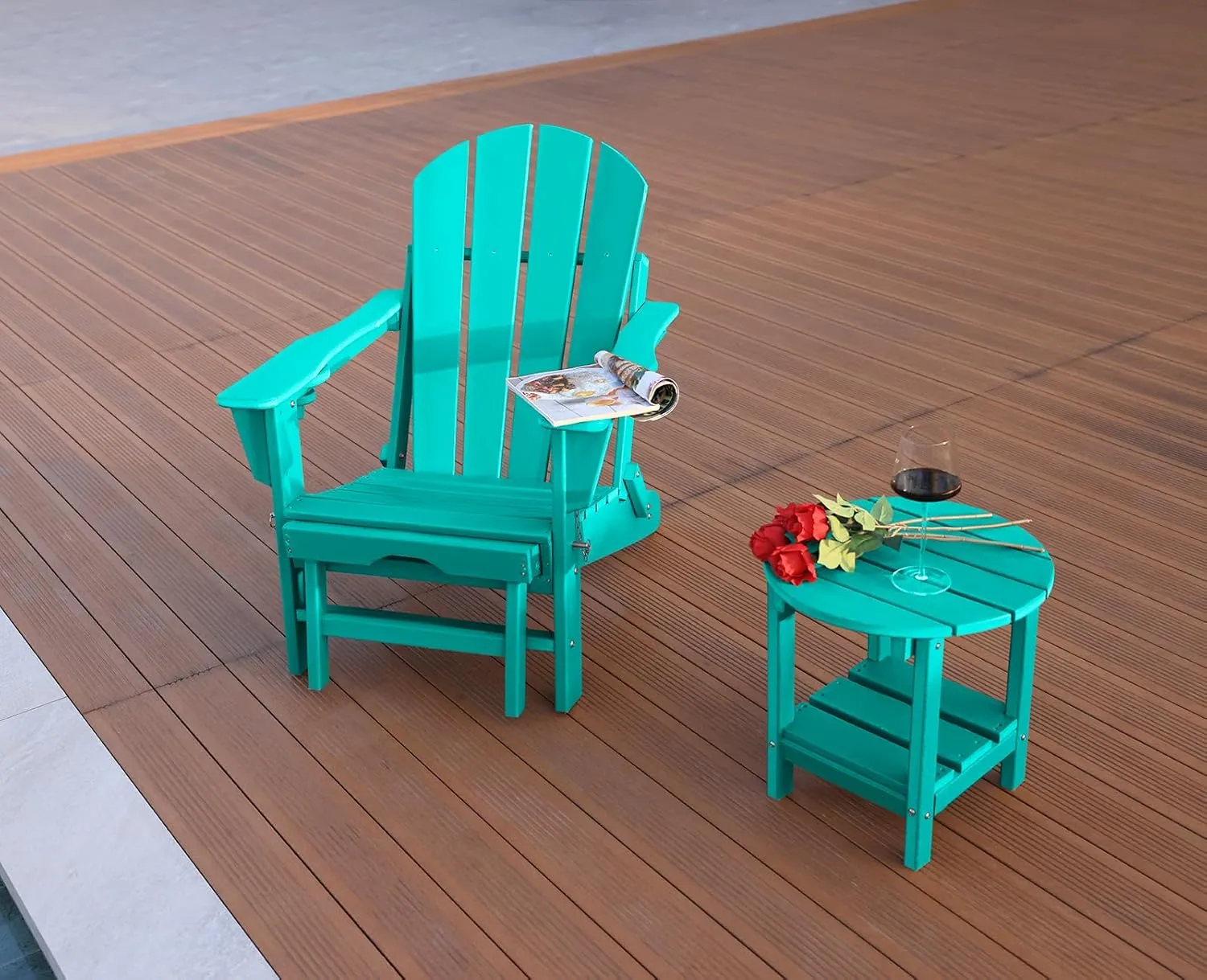 Folding Adirondack Chair with Scalable Footrest – Outdoor Weather Resistant Plastic Chairs with Detachable Ottoman, Stackable Seating with Cupholder for Patio (Seat Width 21.6", Turquoise)