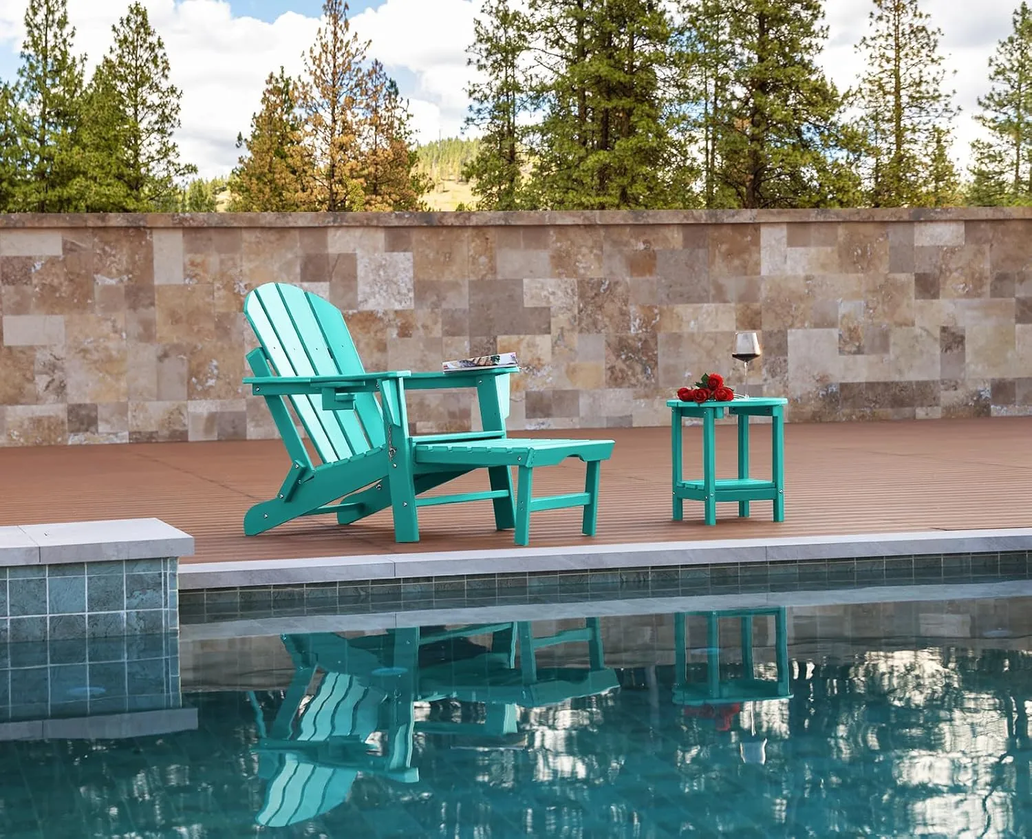 Folding Adirondack Chair with Scalable Footrest – Outdoor Weather Resistant Plastic Chairs with Detachable Ottoman, Stackable Seating with Cupholder for Patio (Seat Width 21.6", Turquoise)