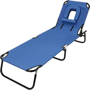 Folding Beach Lounge Chair Camping Cot, Portable Folding Sun Tanning Lay Flat Chair with Adjustable Recline & Removable Pillow, Poolside Sunbathing Lounger Chair for Sunbathing, Beach, Patio
