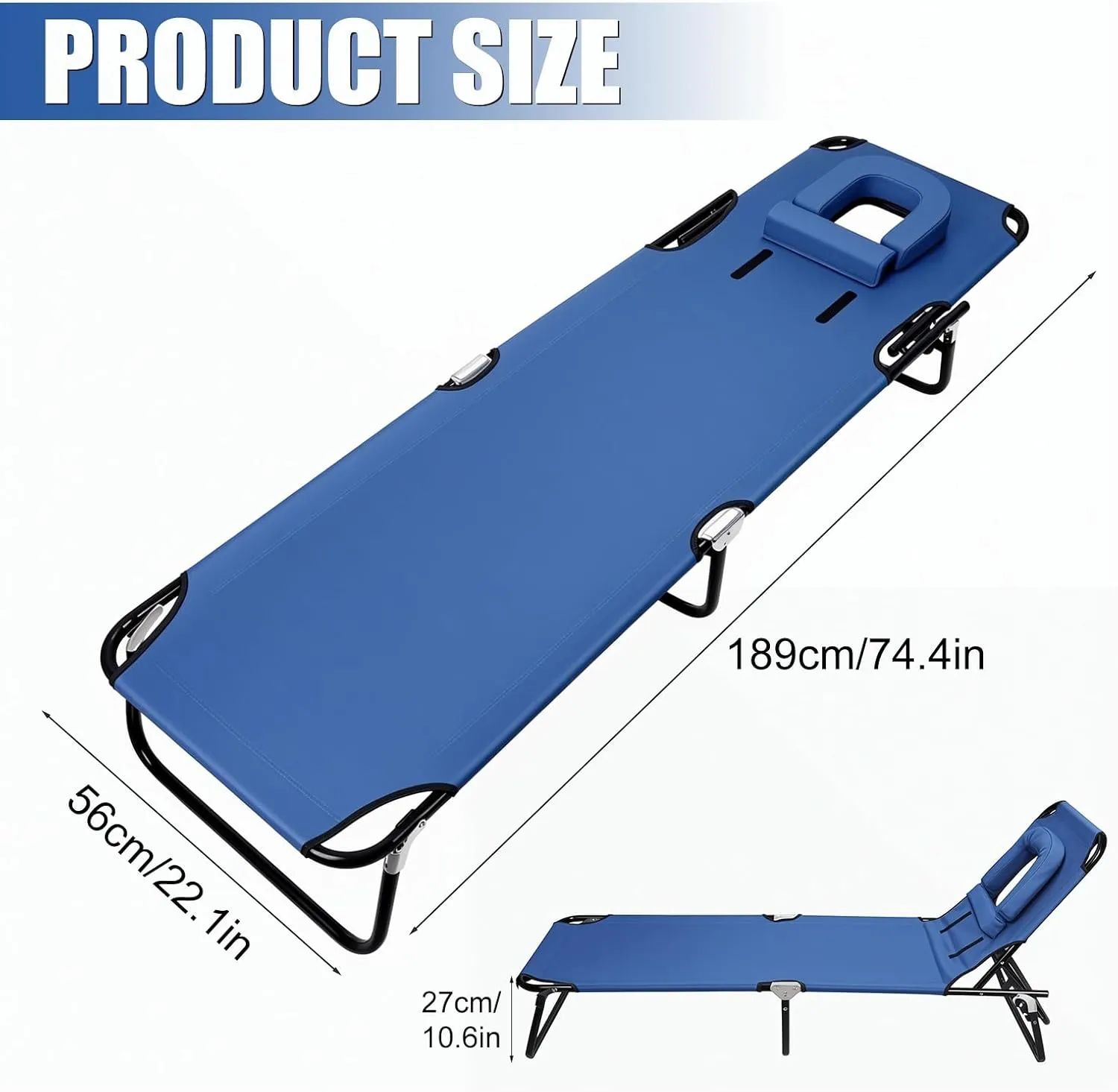 Folding Beach Lounge Chair Camping Cot, Portable Folding Sun Tanning Lay Flat Chair with Adjustable Recline & Removable Pillow, Poolside Sunbathing Lounger Chair for Sunbathing, Beach, Patio