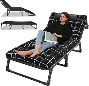 Folding Camping Cot,Adjustable 4-Position Adults Reclining Chaise with Pillow, Outdoor Lounge Chair Sleeping Cots Bed, Perfect for Camping, Pool, Beach, Patio,Office,Traveling 190cm
