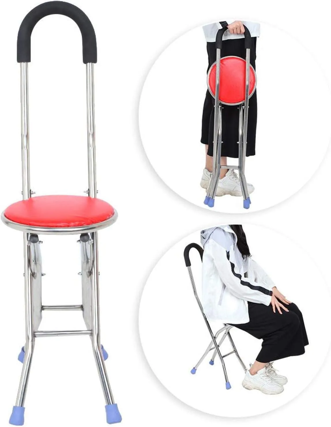 Folding Crutch Stool Stainless Steel Four Legs Folding Crutch Stool Walking Cane Walking Stick Chair for Elderly Outdoor Travel Rest Stool Folding Chair Replacement Large Weight Capacity