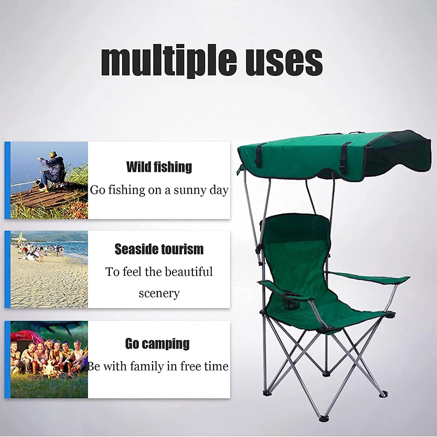 Folding Lawn Chair Camping Chair with Shade Canopy Chair, Folding Recliner, Adjustable Outdoor Beach Lightweight Sunshade Folding Chairs Folding Chair(Green)