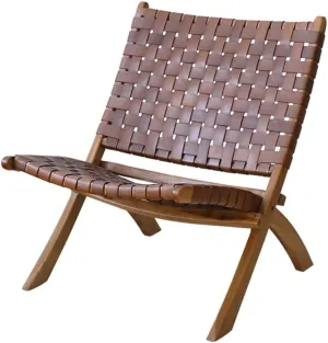 Folding Lounge Chair Balcony Back Sofa Chair Teak Frame Cowhide Weave Ergonomic Design Rivet Technology X-Shaped Structure Design 100KG Load-Bearing