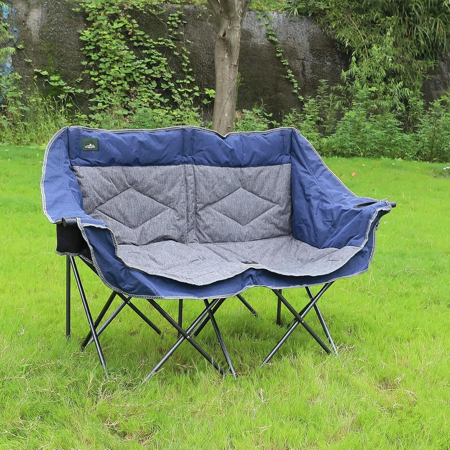 Folding Loveseat Camping Chair Portable Double Duo Full Padded Garden Chair for 2 Person Sofa w/2 Cup Holder,Wine Glass Holder,Support 600lbs for Picnic Beach Travel (Blue)