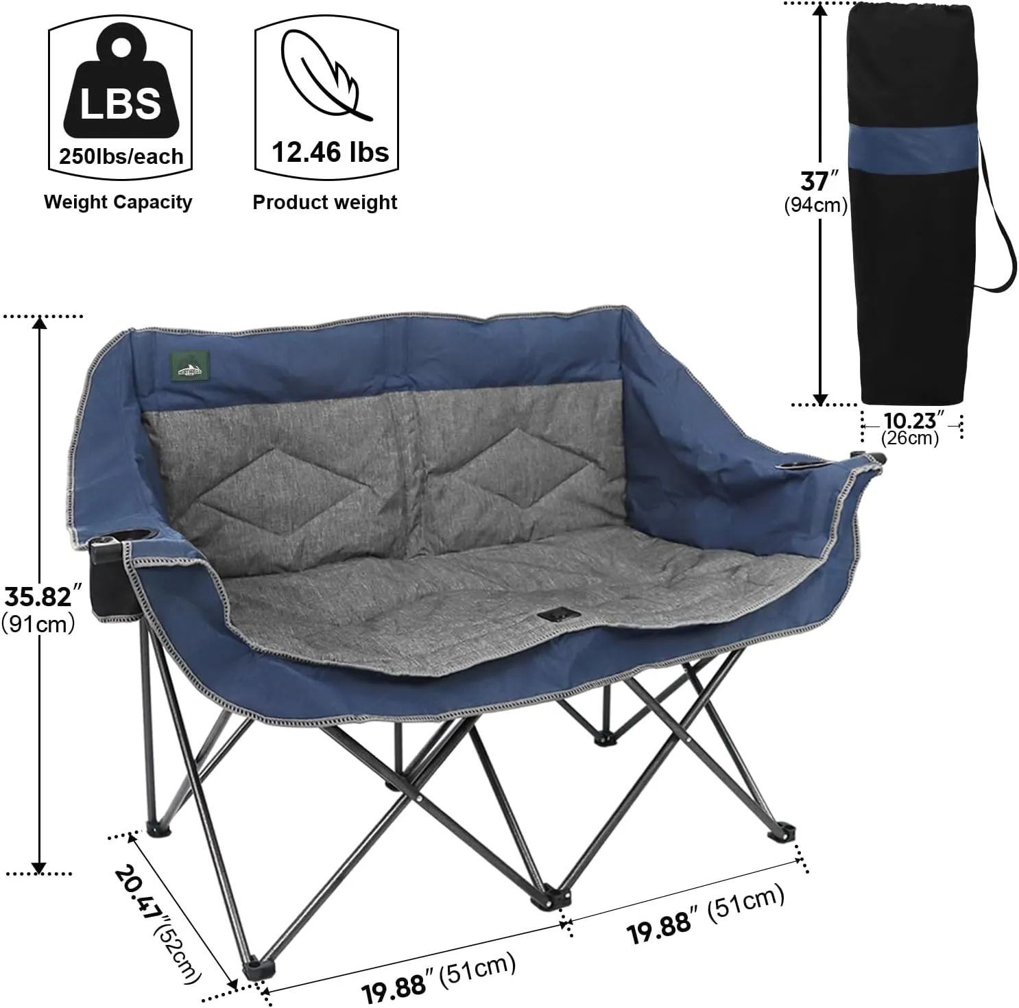 Folding Loveseat Camping Chair Portable Double Duo Full Padded Garden Chair for 2 Person Sofa w/2 Cup Holder,Wine Glass Holder,Support 600lbs for Picnic Beach Travel (Blue)