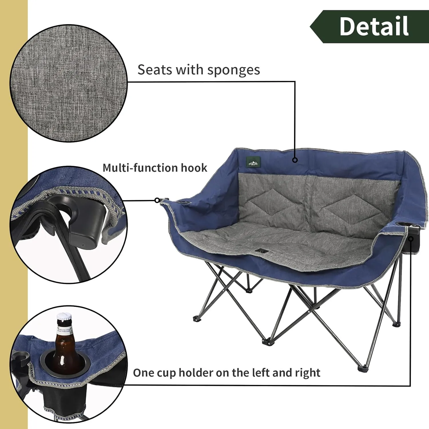 Folding Loveseat Camping Chair Portable Double Duo Full Padded Garden Chair for 2 Person Sofa w/2 Cup Holder,Wine Glass Holder,Support 600lbs for Picnic Beach Travel (Blue)