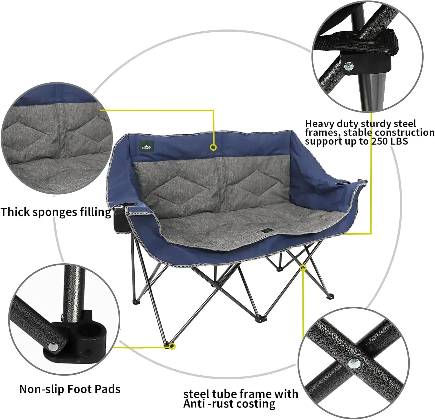 Folding Loveseat Camping Chair Portable Double Duo Full Padded Garden Chair for 2 Person Sofa w/2 Cup Holder,Wine Glass Holder,Support 600lbs for Picnic Beach Travel (Blue)