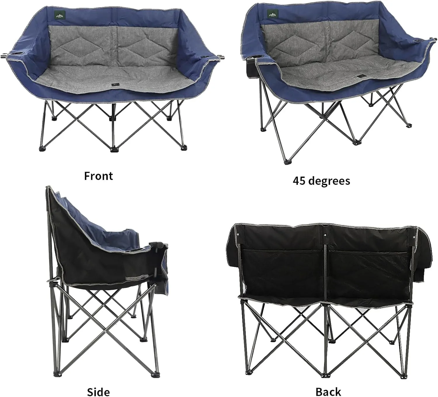 Folding Loveseat Camping Chair Portable Double Duo Full Padded Garden Chair for 2 Person Sofa w/2 Cup Holder,Wine Glass Holder,Support 600lbs for Picnic Beach Travel (Blue)