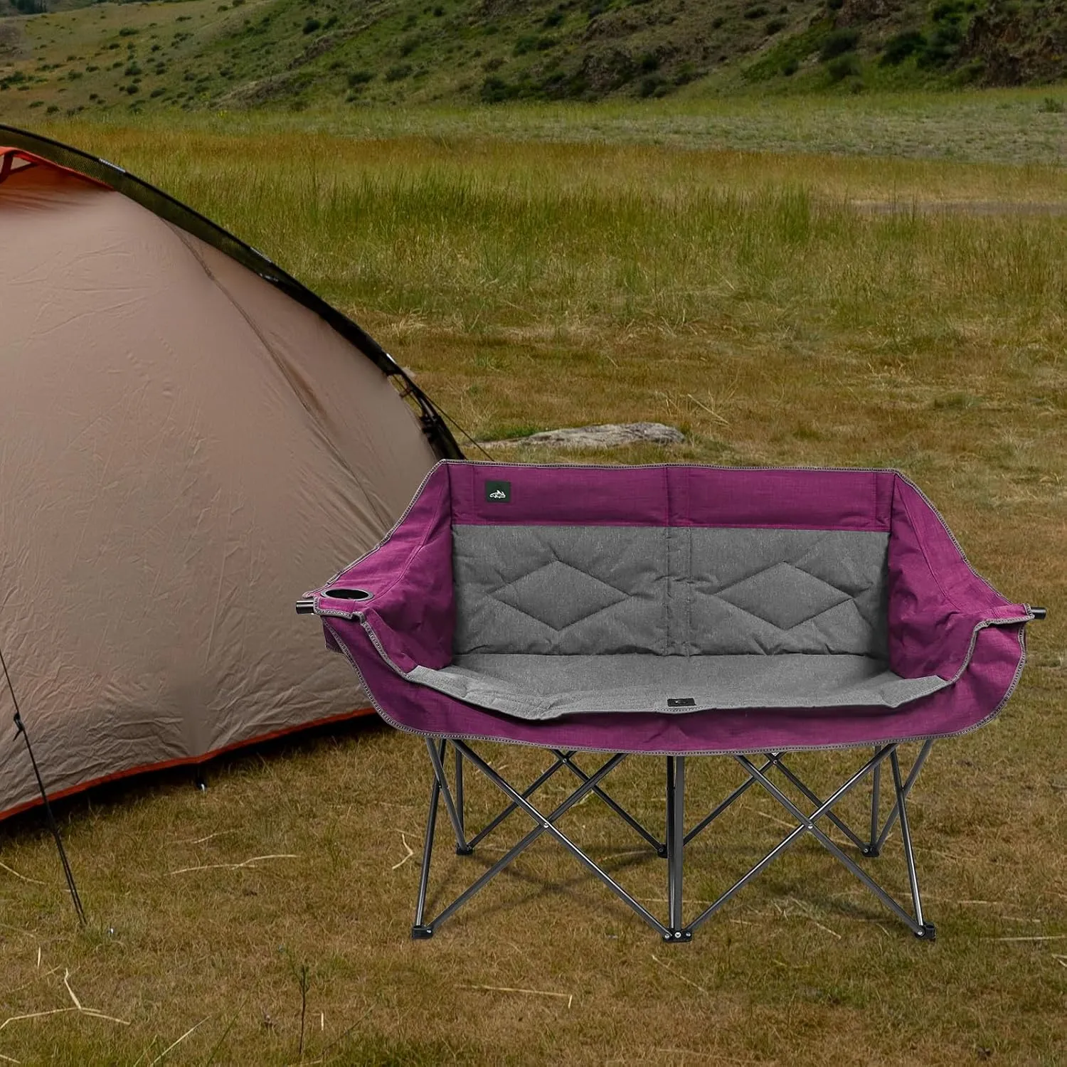Folding Loveseat Camping Chair Portable Double Duo Full Padded Garden Sofa Chair for 2 Person w/ 2 Cup Holder,Wine Glass Holder,Support 600lbs for Outdoor Travel (Purple)