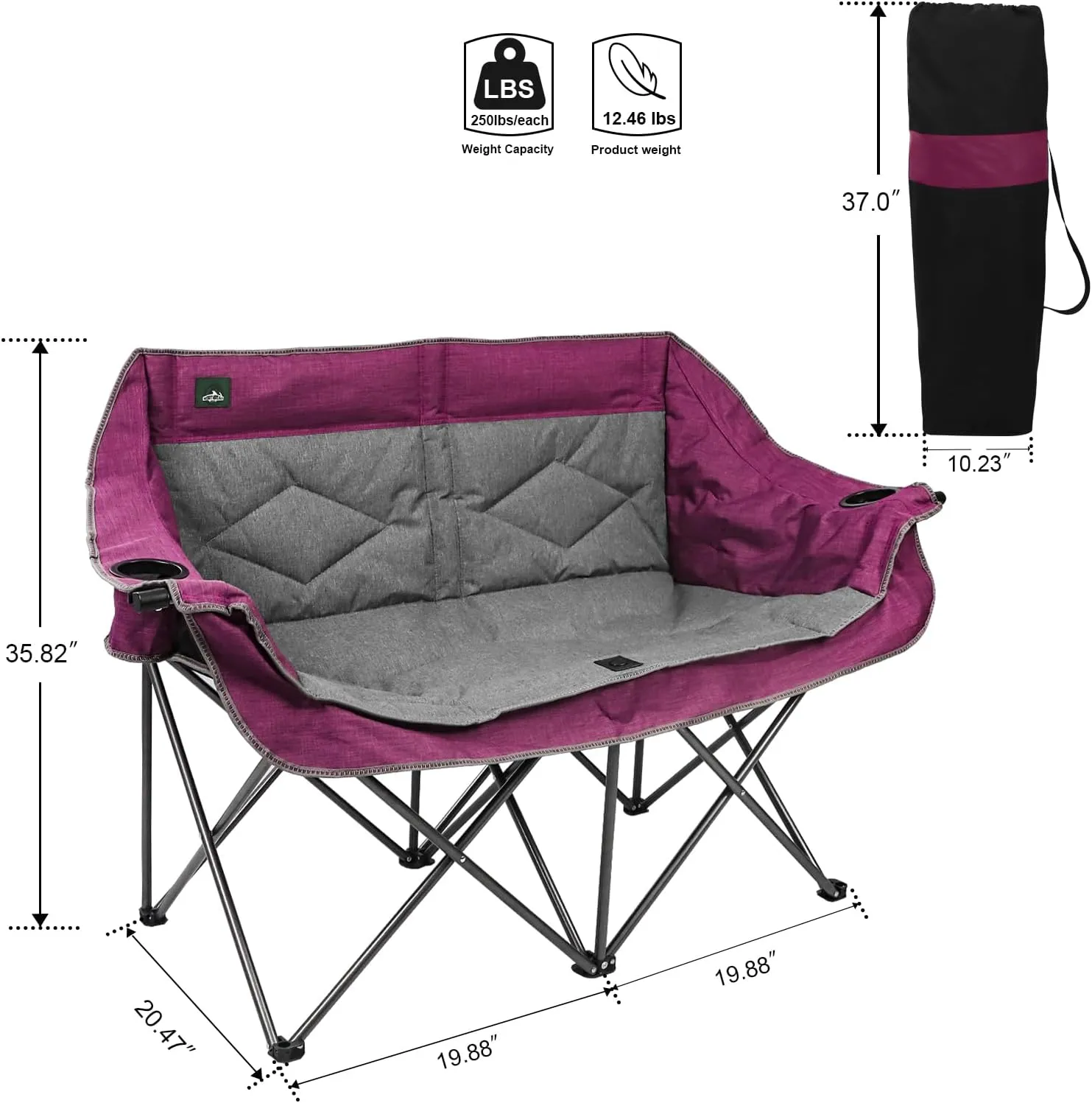 Folding Loveseat Camping Chair Portable Double Duo Full Padded Garden Sofa Chair for 2 Person w/ 2 Cup Holder,Wine Glass Holder,Support 600lbs for Outdoor Travel (Purple)
