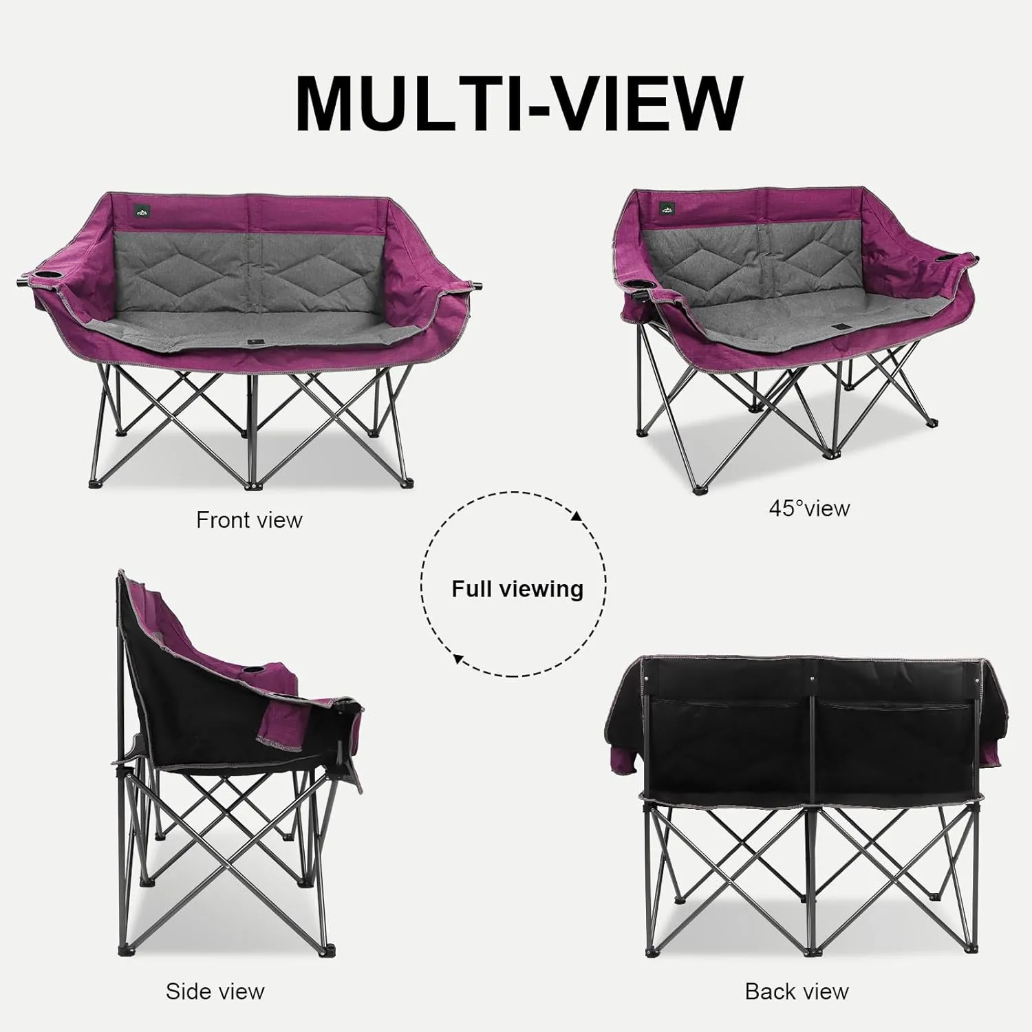 Folding Loveseat Camping Chair Portable Double Duo Full Padded Garden Sofa Chair for 2 Person w/ 2 Cup Holder,Wine Glass Holder,Support 600lbs for Outdoor Travel (Purple)