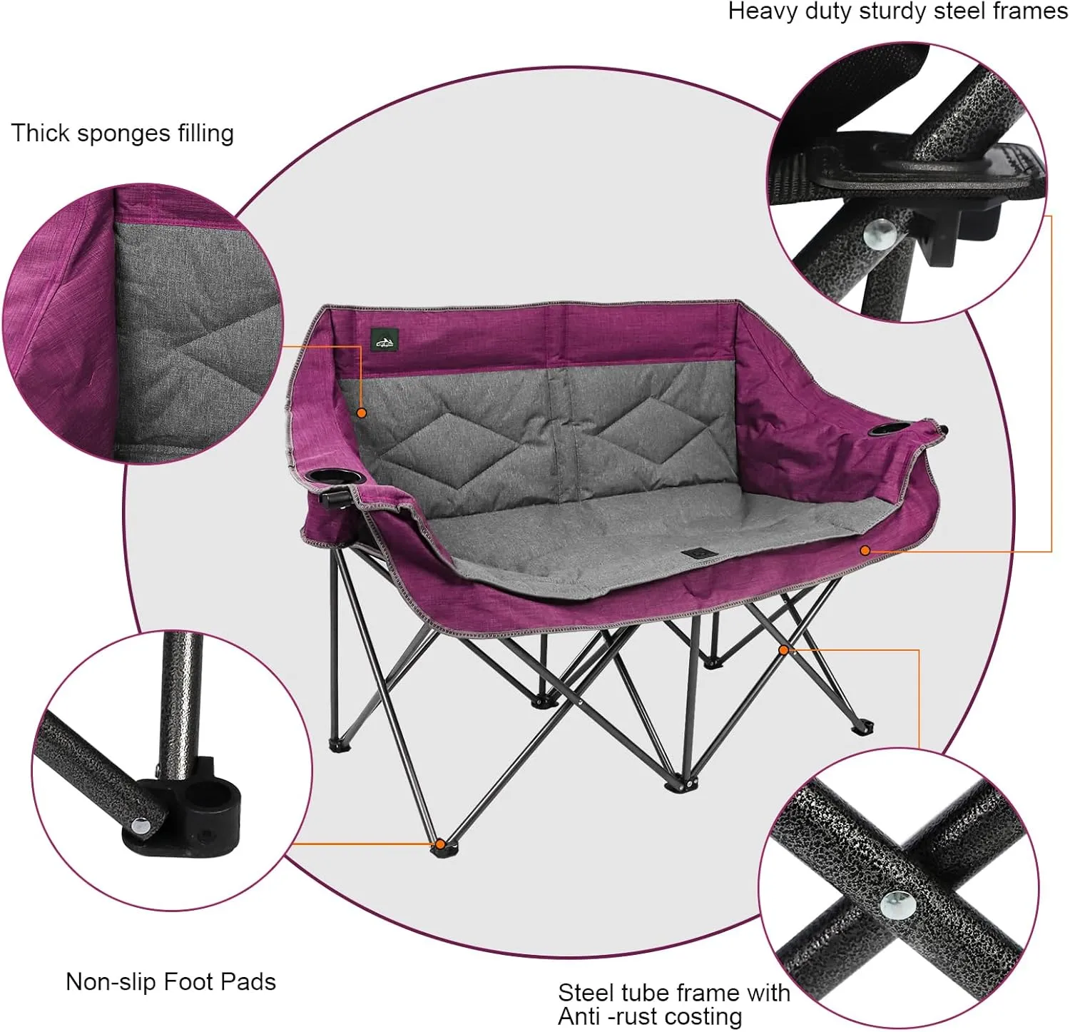 Folding Loveseat Camping Chair Portable Double Duo Full Padded Garden Sofa Chair for 2 Person w/ 2 Cup Holder,Wine Glass Holder,Support 600lbs for Outdoor Travel (Purple)