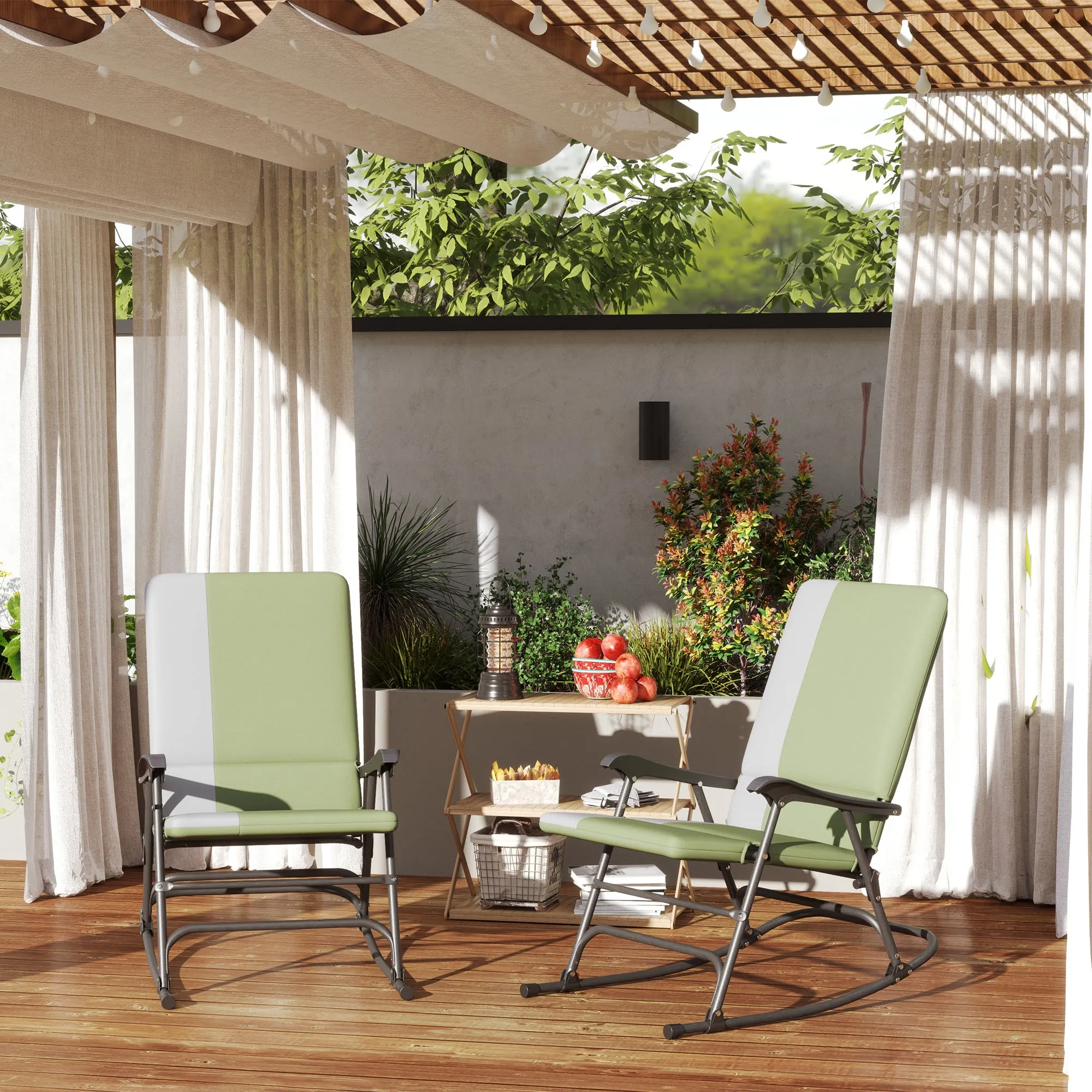 Folding Outdoor Rocking Chair Set of 2, Oversized Patio Rocking Camping Chair Set with 400 lbs. Capacity, Wide Seat, Padded High Back for Patio, Porch, Garden, Dark Green