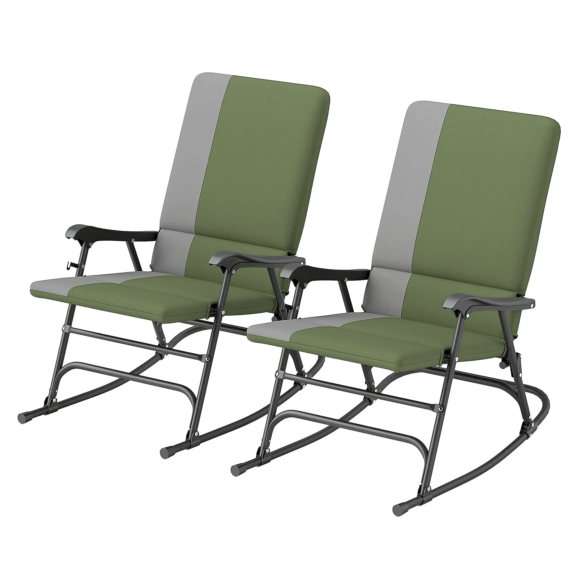 Folding Outdoor Rocking Chair Set of 2, Oversized Patio Rocking Camping Chair Set with 400 lbs. Capacity, Wide Seat, Padded High Back for Patio, Porch, Garden, Dark Green