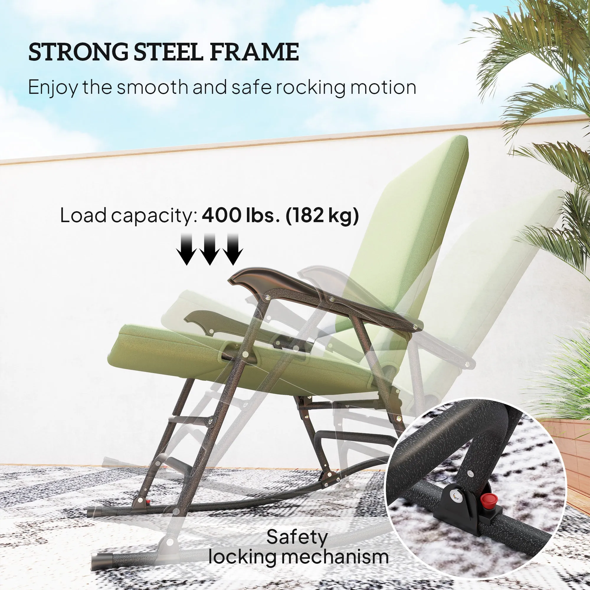 Folding Outdoor Rocking Chair Set of 2, Oversized Patio Rocking Camping Chair Set with 400 lbs. Capacity, Wide Seat, Padded High Back for Patio, Porch, Garden, Dark Green