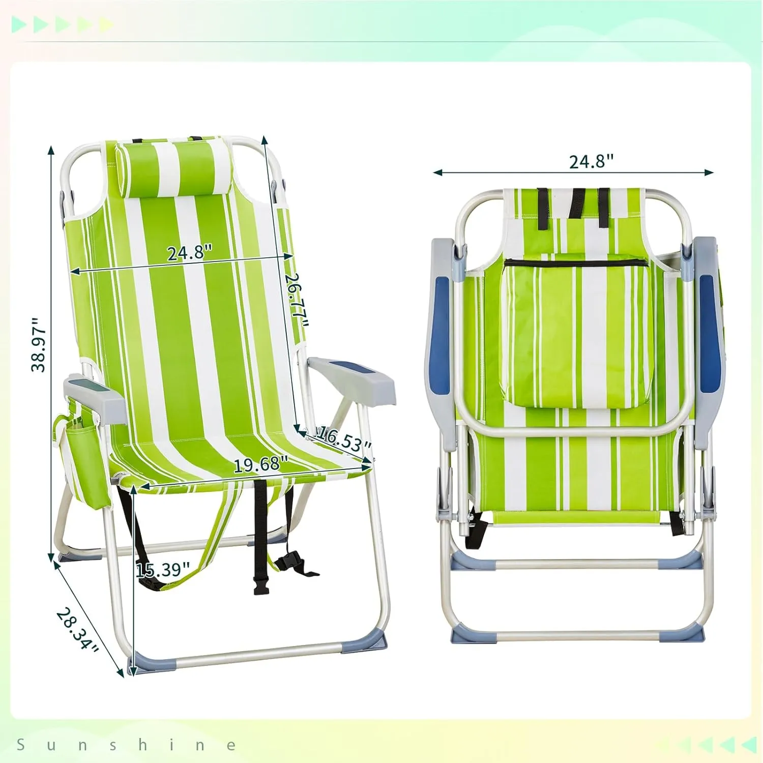 Folding Tall Backpack Beach Chair with 5 Positions, Towel bar, Storage Pouch, Cup Holder,Folding Beach Camping Chair (Green Stripes)