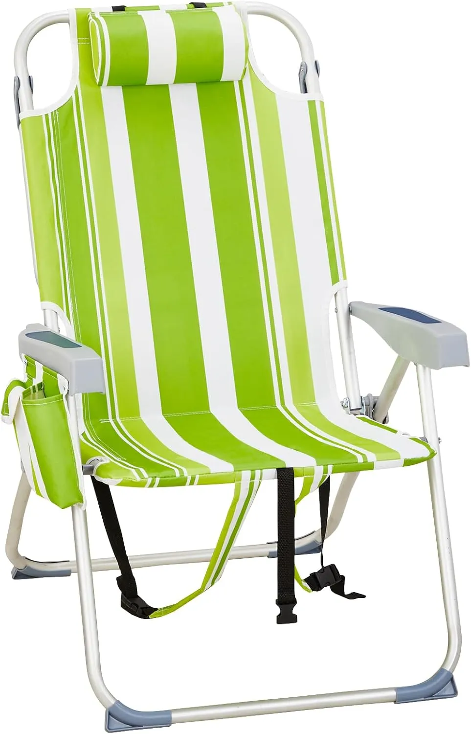 Folding Tall Backpack Beach Chair with 5 Positions, Towel bar, Storage Pouch, Cup Holder,Folding Beach Camping Chair (Green Stripes)