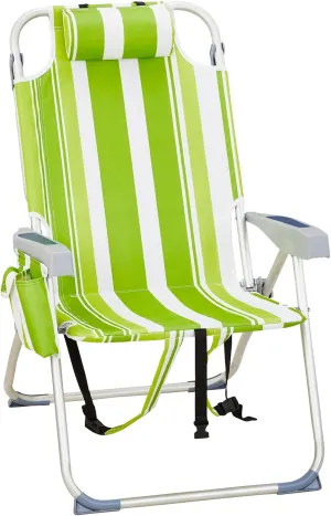 Folding Tall Backpack Beach Chair with 5 Positions, Towel bar, Storage Pouch, Cup Holder,Folding Beach Camping Chair (Green Stripes)